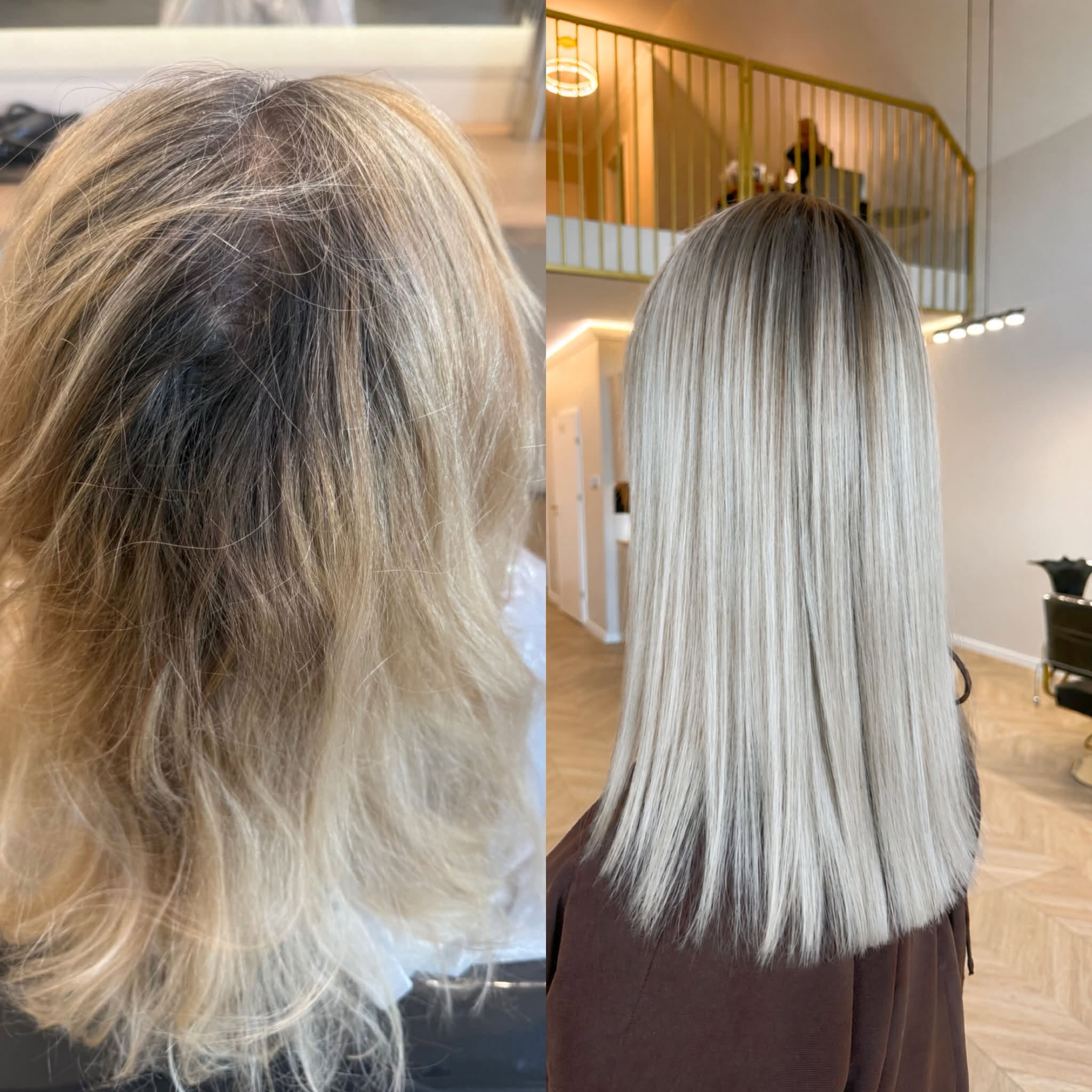 Korekta koloru do chłodnego platynowego blondu z subtelnym cieniem u nasady i równym cięciem